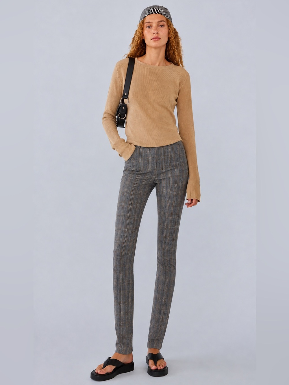 164. Dalia Gray Plaid Boot-Cut Pants with Subtle Tan Stripe